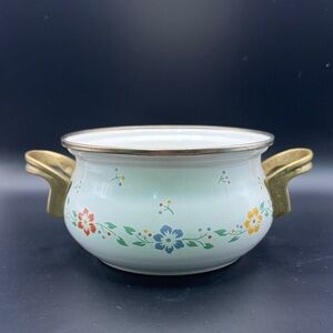 Vintage M. Kamenstein Floral Enamelware Pot With Brass Handles